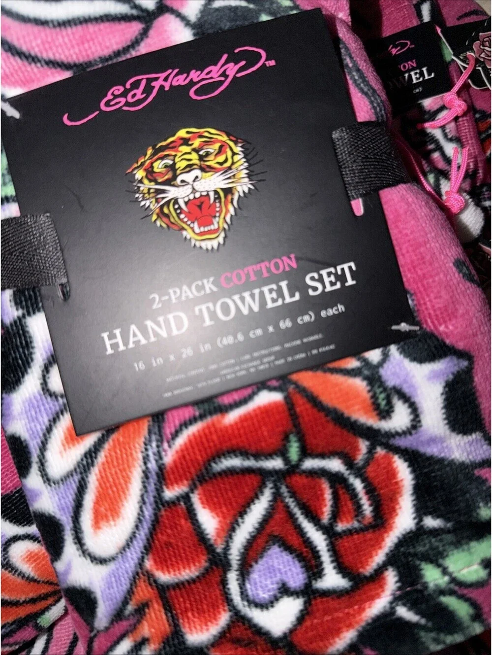 Ed Hardy2 Bath & 2Hand Towel Set Pink Skull Wings Flowers NWT